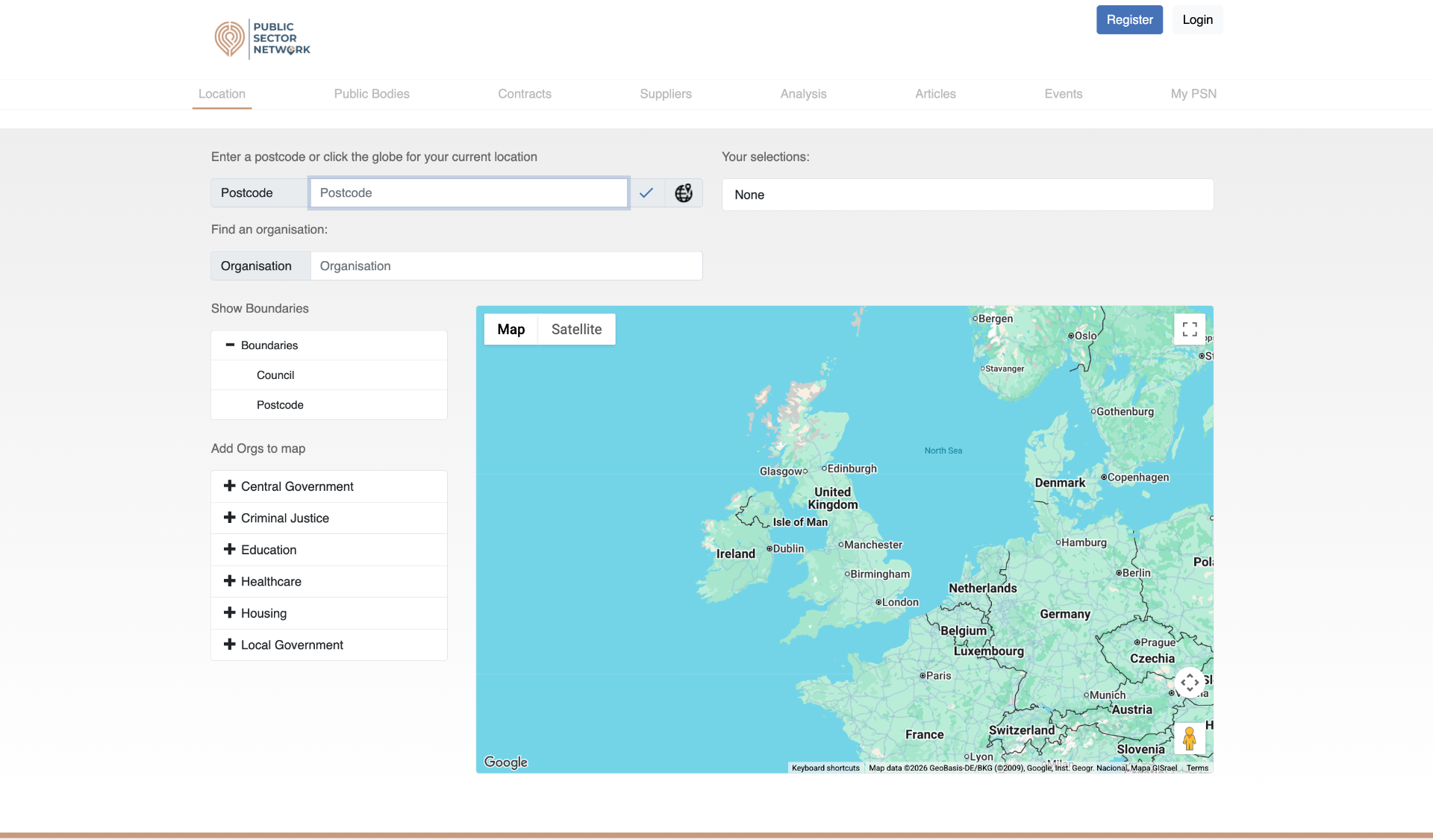 Location tab showing postcode lookup, boundary toggles, organisation layers and a map of the UK
